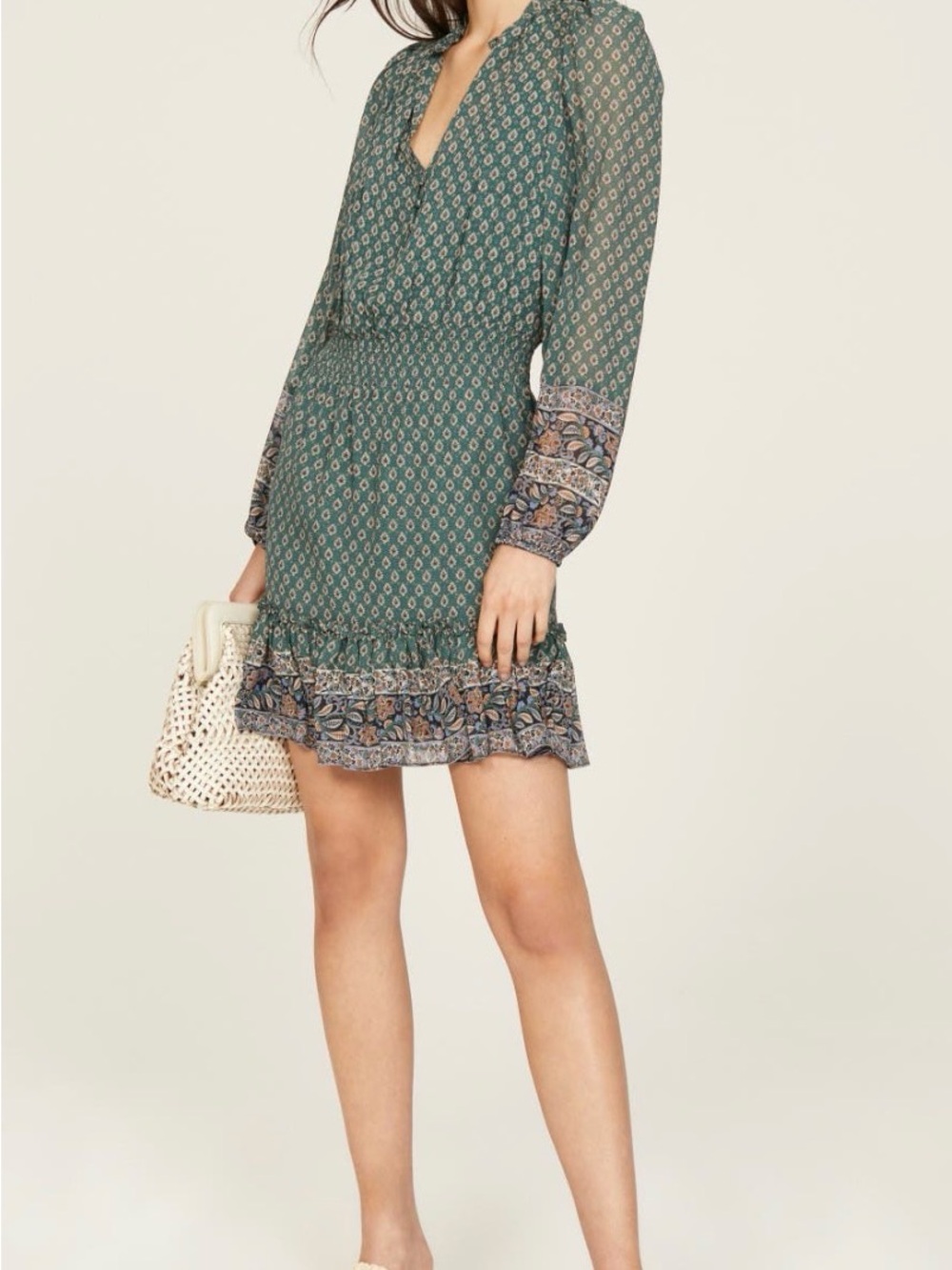Veronica Beard Destiny Smocked Waist Silk Mini Dress Seaglass Multi